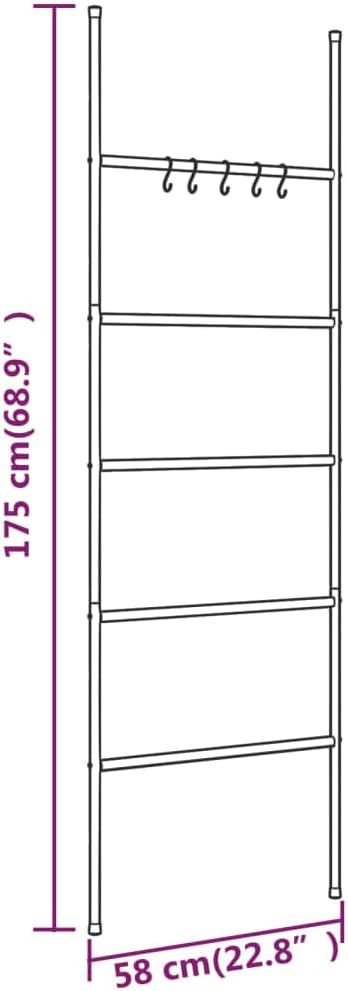 5-Tier Towel Rack Ladder, Modern Metal Wall-Leaning Towel Holder for Bathroom, Decorative Blanket Storage Organizer, Black Iron Finish, 68.9 Inches Tall