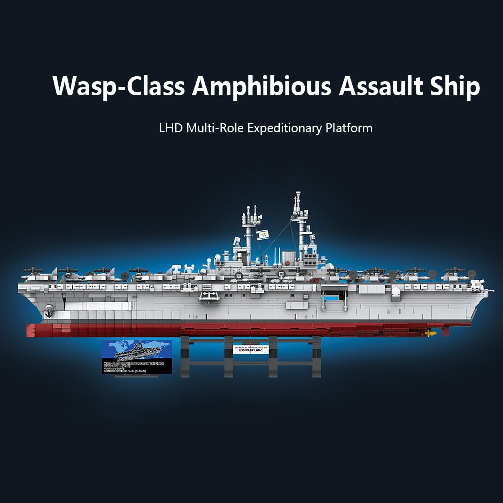 MISINI M7024 US Navy Warship Building Brick Set, 1:300 Military Series Wasp-Class Amphibious Assault Ship, 5220 Pieces Aircraft Carrier Collector's Toy, Displayable MOC Adult Battleship Gift