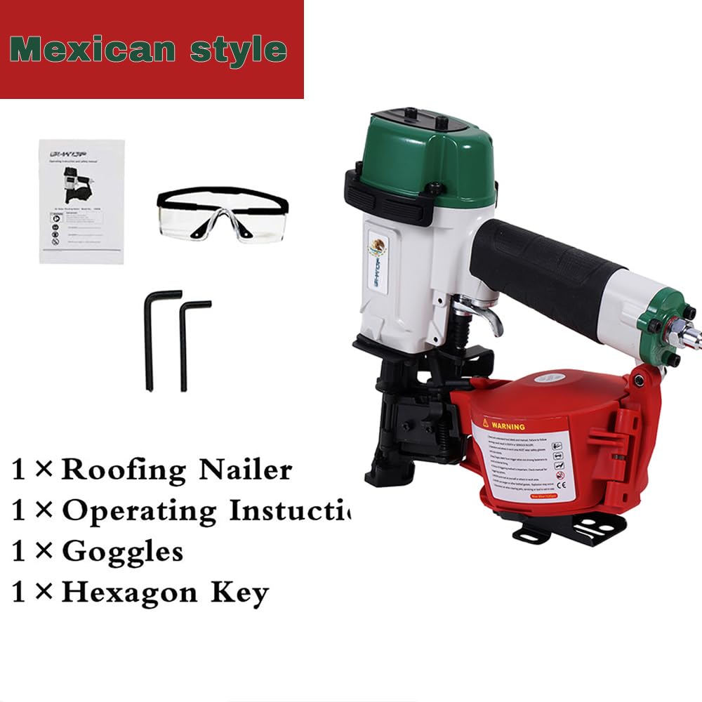 BHTOP Mexican CN45N Roofing Nailer, 15 Degree Roofing Nail Gun, 3/4-Inch to 1-3/4-Inch Coil Nails, 120-pcs Load Capacity Coil Naile (Green/Red)