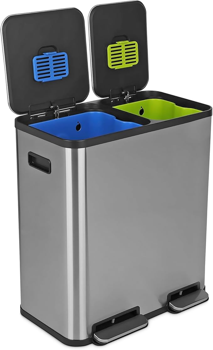 Simpli-Magic 18.5 Gallon (40L x 30L) Dual Compartment Step Trash Can â Kitchen Garbage Can with Waste & Recycling Bins â Slow-Close Lid, Odor Control, Hands-Free, Stainless Steel