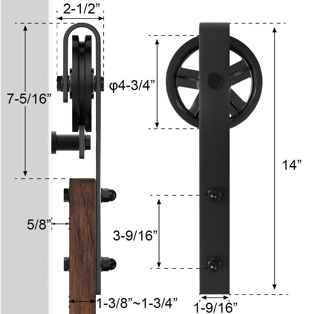 WINSOON 5-16FT Single Wood Sliding Barn Door Hardware Kit 8FT Basic Black Big Spoke Wheel Roller Garage Closet Carbon Steel Flat Track System (8FT)