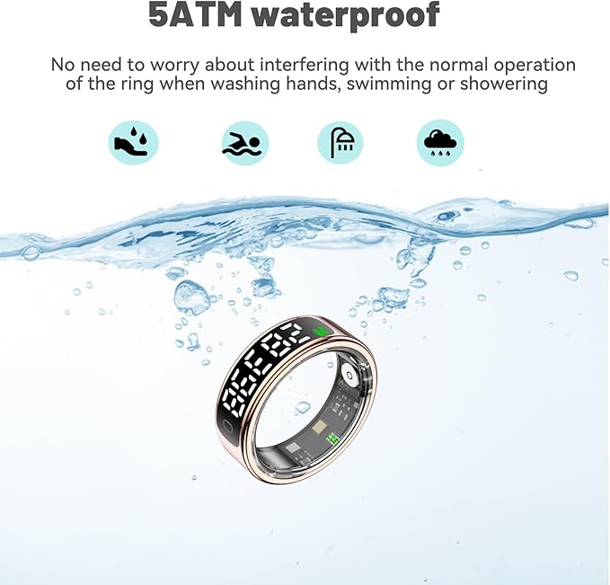 Smart Health Ring for Women Men, Smart Ring Fitness Tracker for iOS Android, Heart Rate, Blood Oxygen, Blood Pressure, Sleep Monitoring,5ATM Waterproof, No Subscription Fee (Black, 10#)
