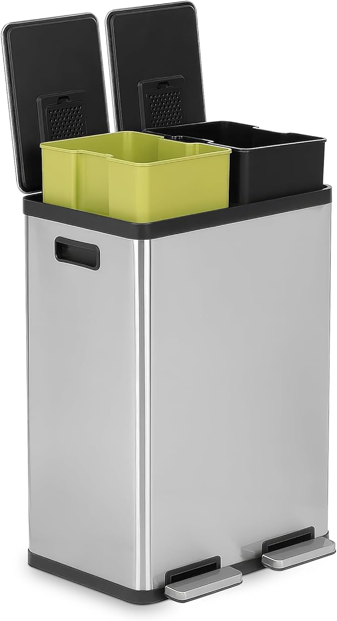 Simpli-Magic 16 Gallon (60L) Step Trash Can â Dual Compartment Kitchen Garbage Can with Waste & Recycling Bins â Slow-Close Lid, Odor Control, Hands-Free, Inner Bases, Premium Stainless Steel