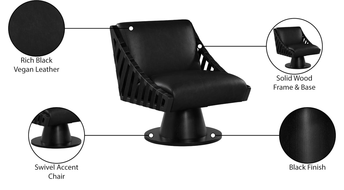 Meridian Furniture 33002Black Millwin Collection Art Deco Swivel Accent Chair with Rich Black Vegan Leather, Black Finish, Solid Wood Frame and Base, 28" W x 30" D x 32.5" H, Black