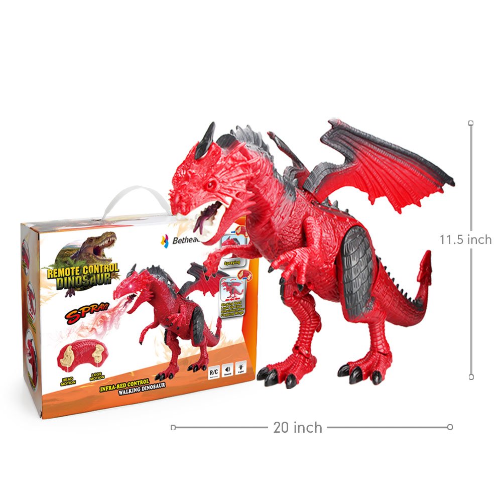Betheaces Remote Control Dinosaur,Dragon Toy for Kids Boys Girls Red Dragon Figures Learning Realistic Looking Large Size with Roaring Spraying Light Up Eyes for Birthday Xmas Gifts (Style-1)