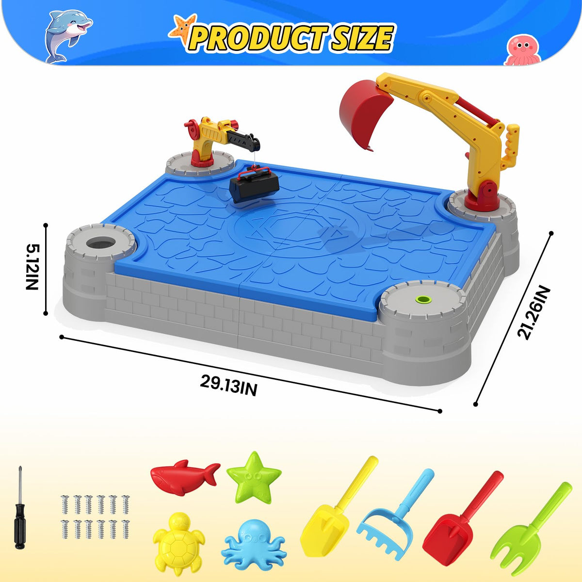 HYES Sandbox with Lid, Digger Excavator Plastic Sand Box with Cover, Play Sand Pit with Construction Toys/Umbrella/Beach Playset for Toddlers 1-3, Indoor Outdoor Sensory Gift for Kids Ages 4-8