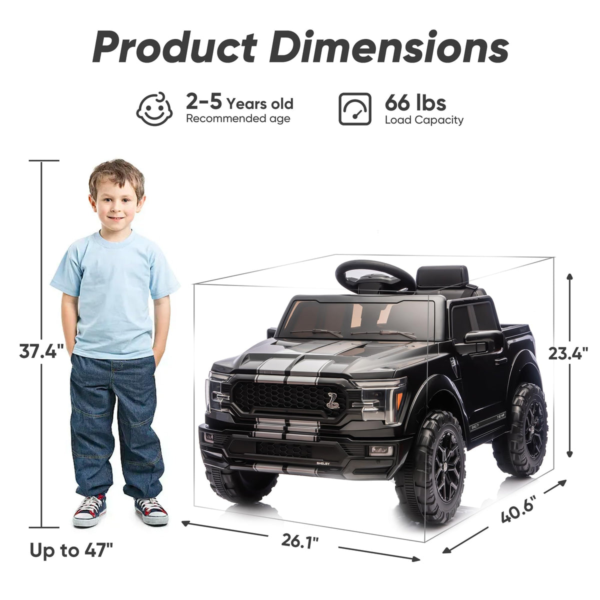 Hikiddo Licensed Ford Shelby F-150 24V Kids Ride on Toy, Electric Car for Kids with Remote Control, 400W Motors - Black