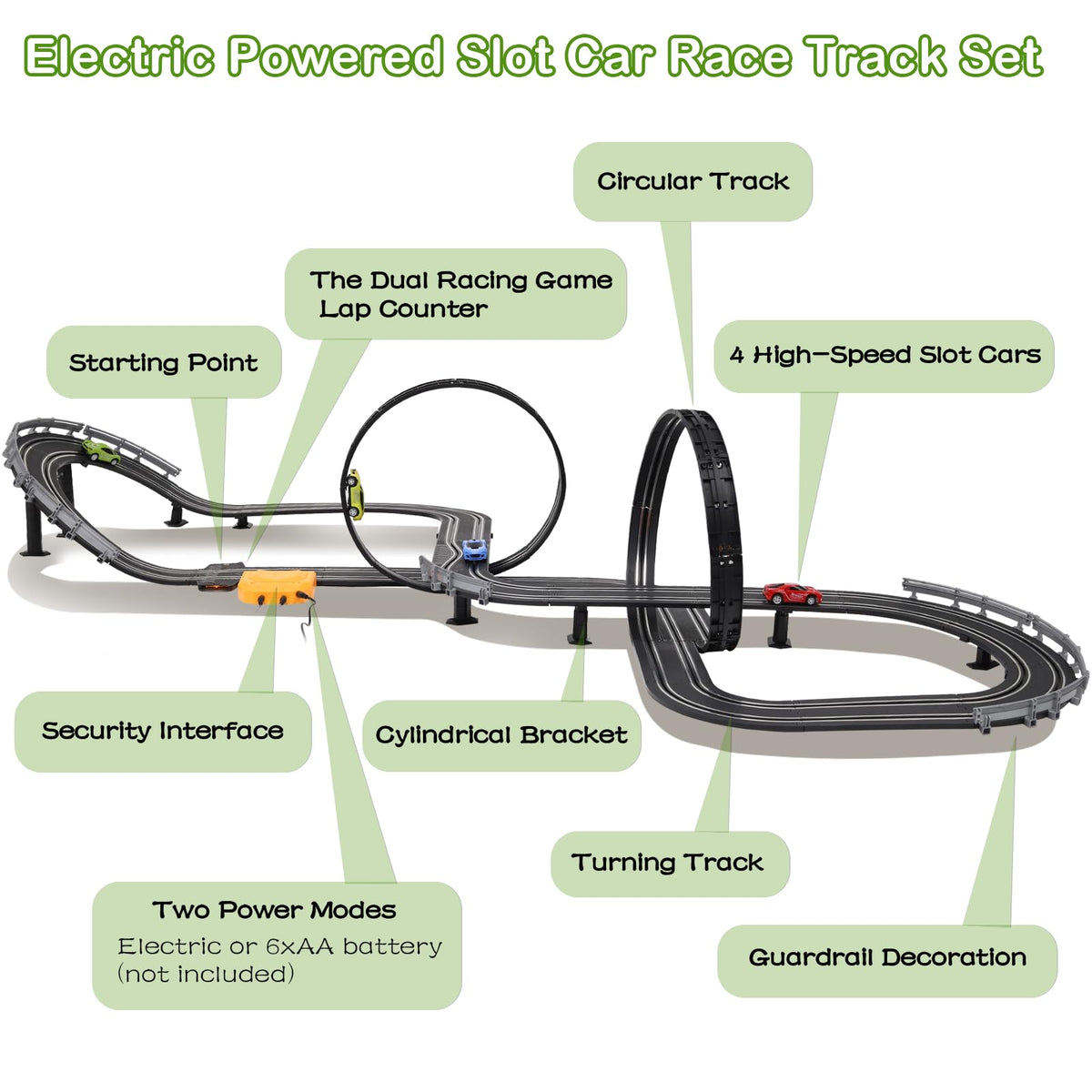 Slot Car Race Track Sets, 23ft Battery Powered or Electric Track with 4 Slot Cars, Dual Racing Game Lap Counters, Race Track Set Features a Loop, Turns, Straightaways and a Crossover for Boys Age 6-12
