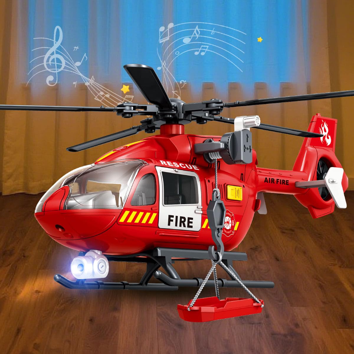 Firefighter Toys Helicopter 15-in Airplane Toys for Kids with Hanging Basket Sounds and Lights for Boys Ages 3 4 5 6 7