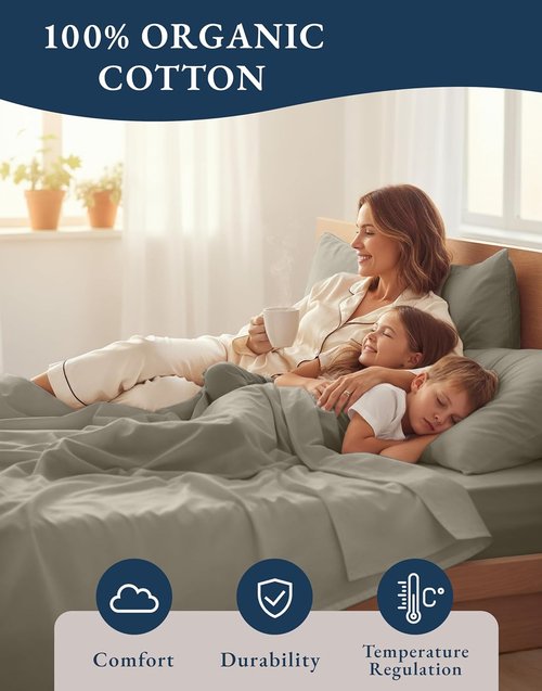 LANE LINEN 100% Organic Cotton Full Size Sheet Set - Eco-Friendly, Soft Percale, Silver, 15" Deep Pocket