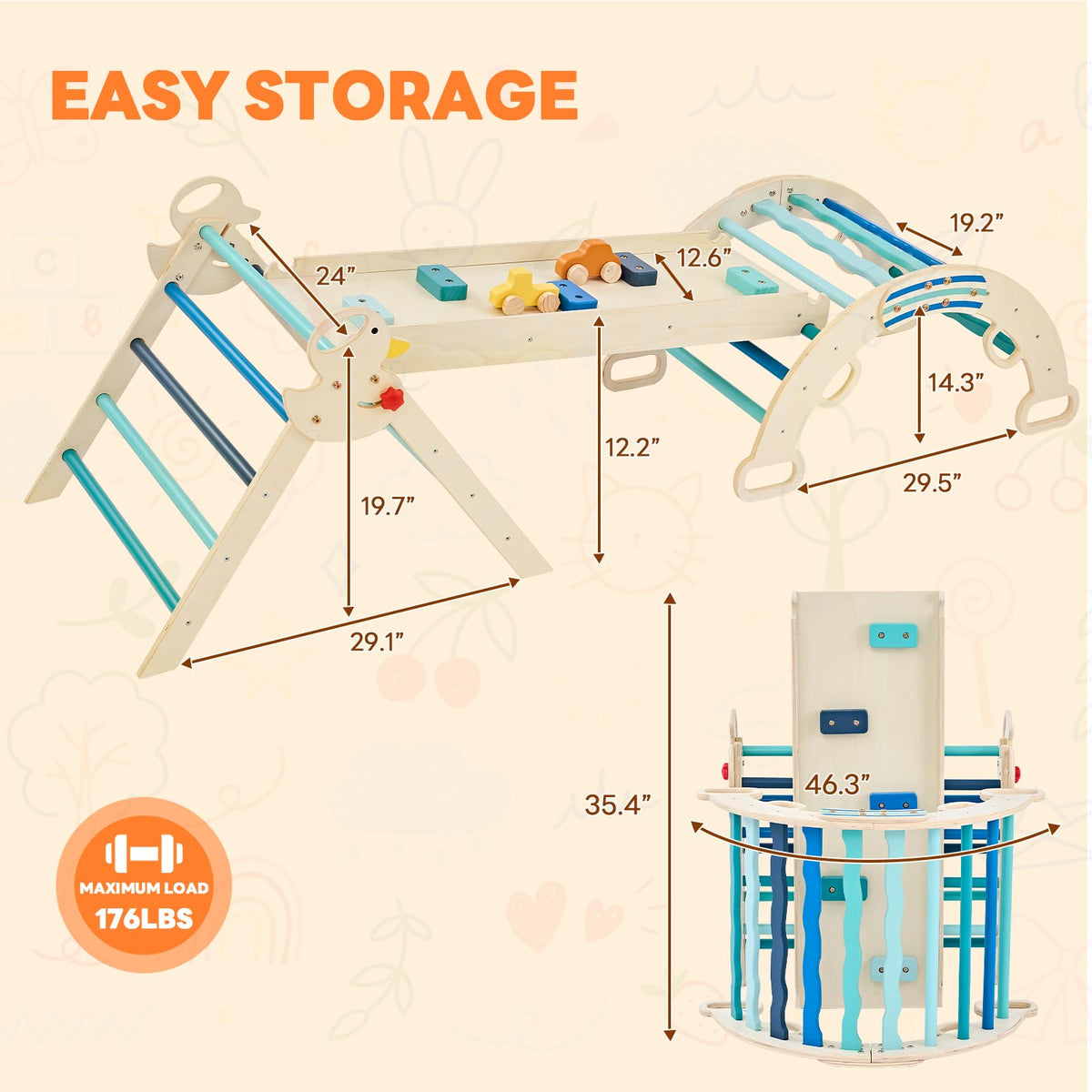DUMOS Pikler Triangle Set, Toddler Climbing Toys and Play Structure Indoor, 9-in-1 Wooden Montessori Climbing Set with Arch, Ramp and Ladder, Foldable Baby Jungle Gym