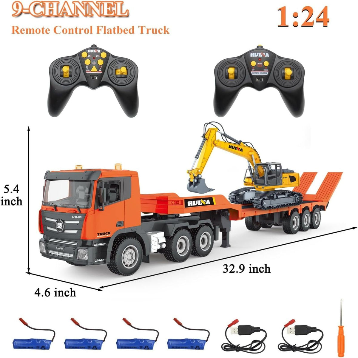 Fistone RC Semi Truck & Excavator Toy Set, 2.4Ghz Remote Control Flatbed Truck with Excavator Toys, 1:24 RC Semi-Trailer Engineering Tractor with Sound and Lights, Construction Vehicles Toy for Boys