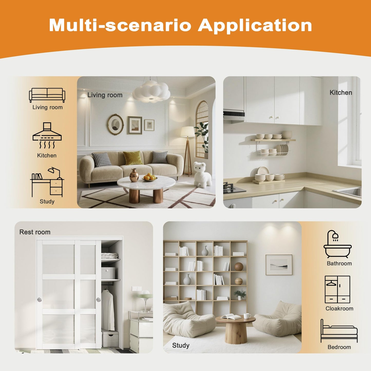 JUJUBON Closet Sliding Door, 60"Ć80"(Double Doors 31"), 3 Panel Sliding Door with Hardware Kit, Pre-Drilled Doors Panel, MDF with Paintable Surface, Need to Assemble, White