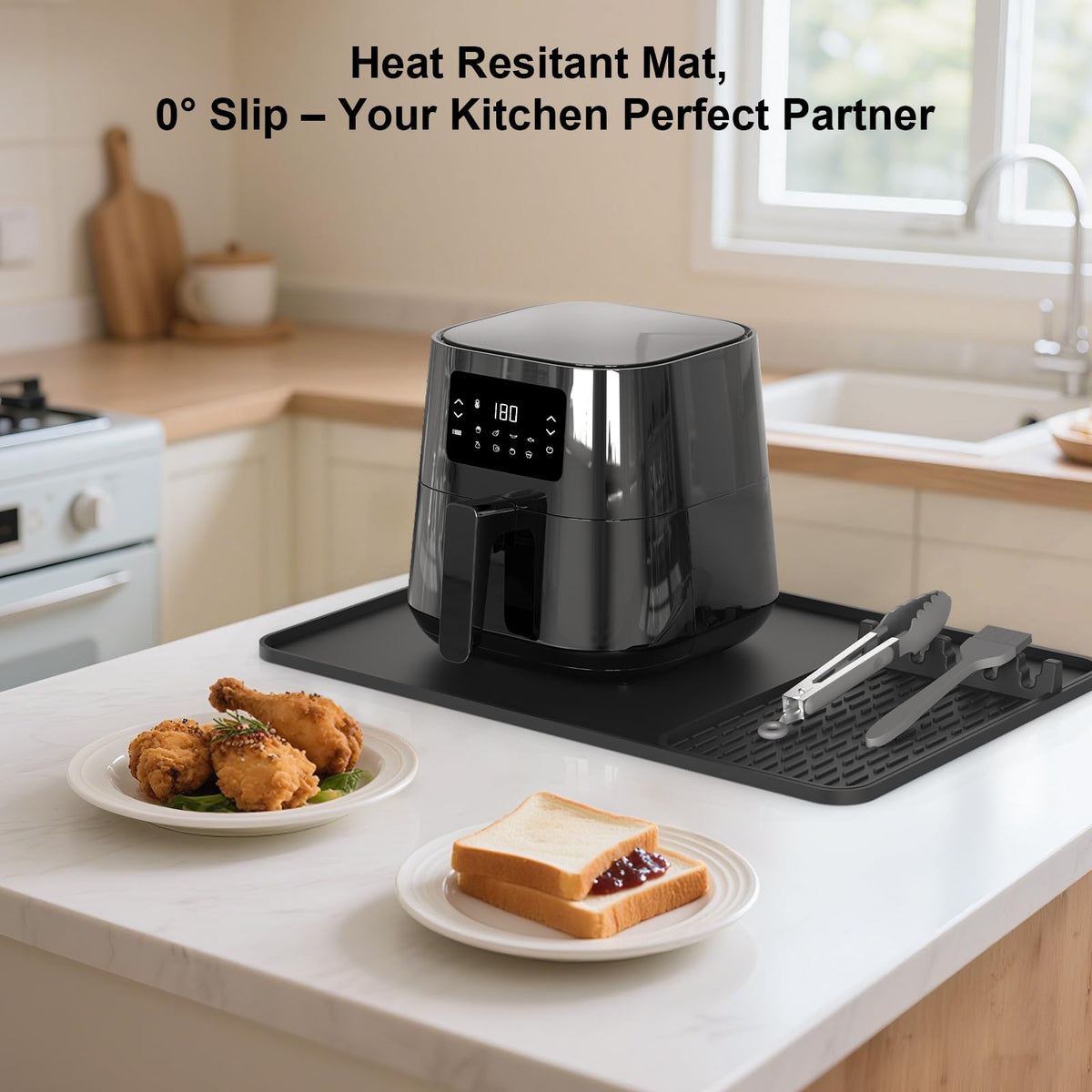 Silicone Heat Resistant Mats for Countertop,24x16 Inch Air Fryer Mat with Kitchen Accessories Holder Pad for Microwave/Oven,Compatible with Ninja/Cosori/Chefman/Toshiba,Kitchen Countertop Protector