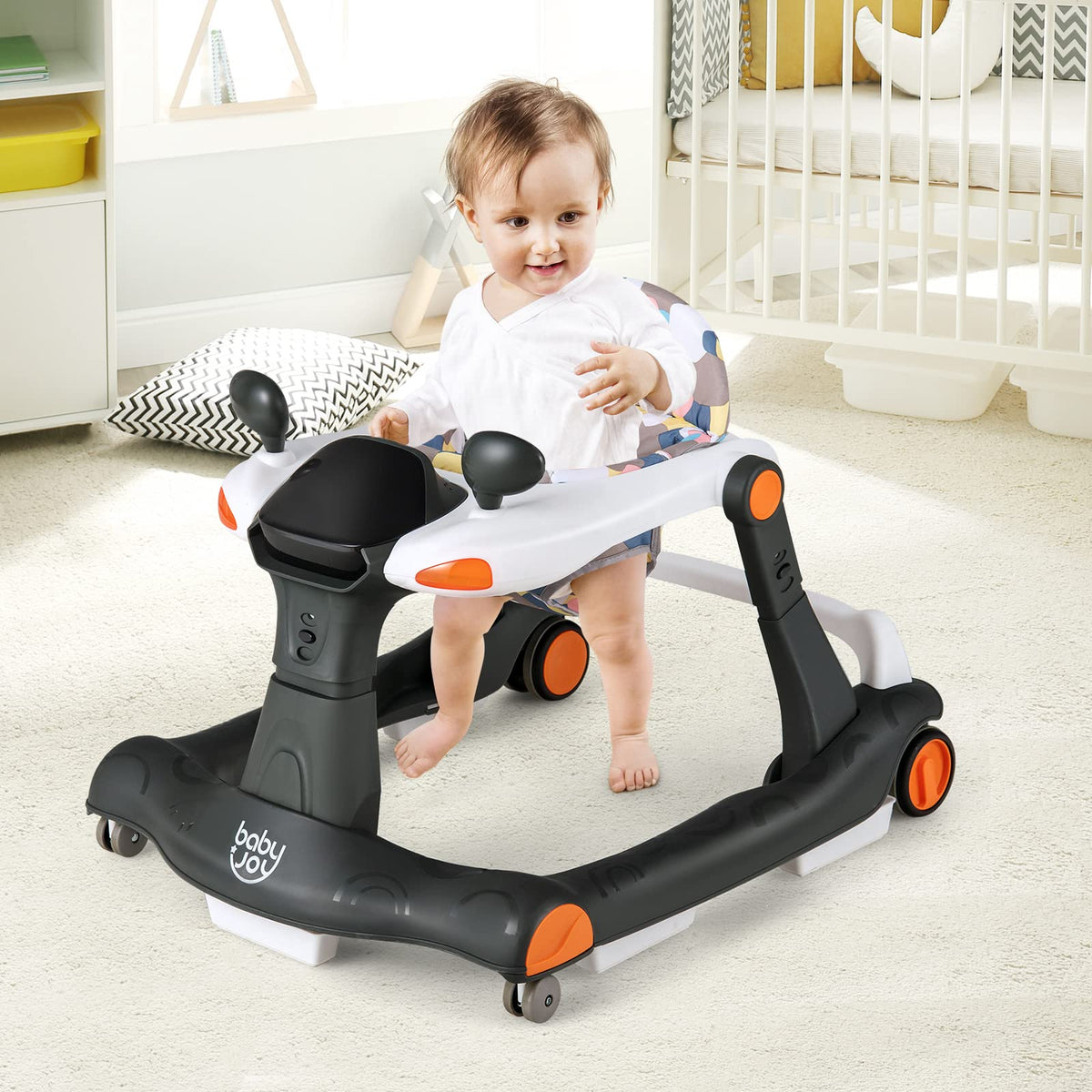BABY JOY 2 in 1 Baby Walker, Foldable Activity Walker with Adjustable Height & Speed, Music, Lights, Mirrors, Padded Seat Cushion, Activity Baby Push Walker for Toddler Boys Girls, Ages 6-18 Months
