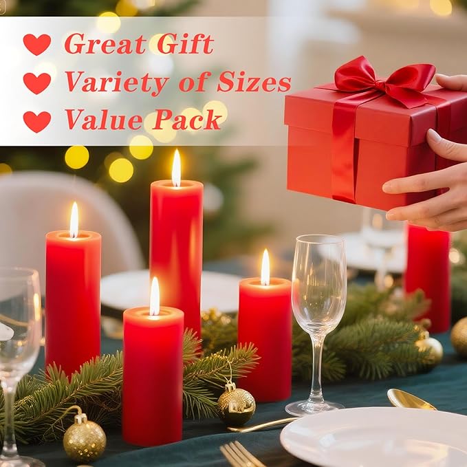 18 Pcs Red Pillar Candles Bulk Set,Hurricane Candlesï¼? Different Lengths (6 Each),Dripless Unscented Smokeless,Gives You a Better Atmosphere When Organizing Wedding or Event Party.