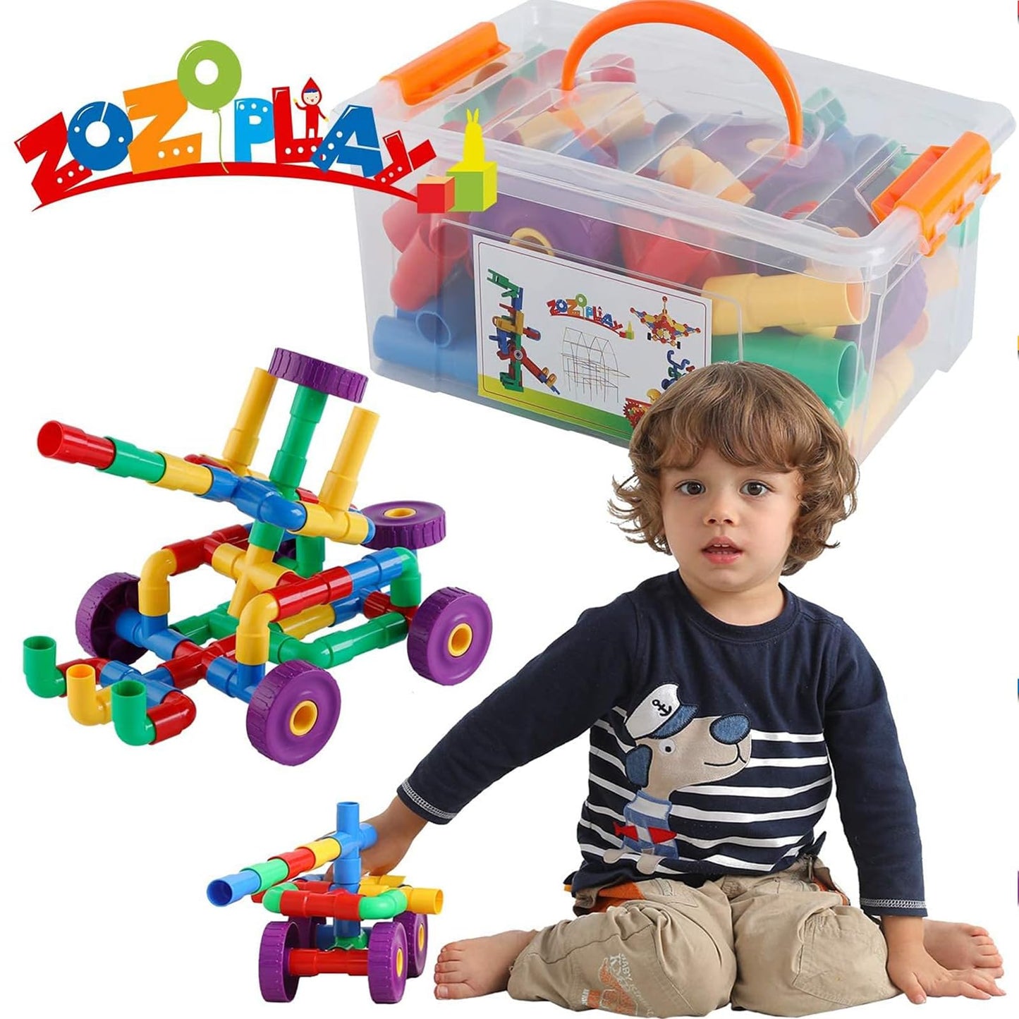 ZOZOPLAY STEM Learning Toy Tubular Pipes & Spouts & Joints 64 Piece Build Bicycle, Tank, Scootie, Moter Skills Endless Designs Educational Building Blocks Set for Kid Ages 3+ Multicolor