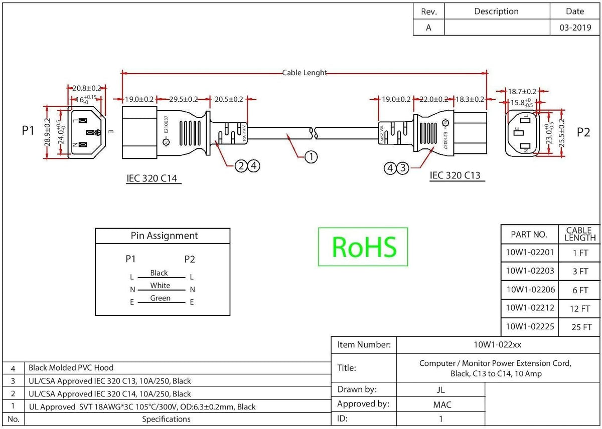CableWholesale 3 C13 C14 3 18 10 C13 C14 feet Computer/Monitor Power Extension Cord, Female to Male Plug, Pin, AWG