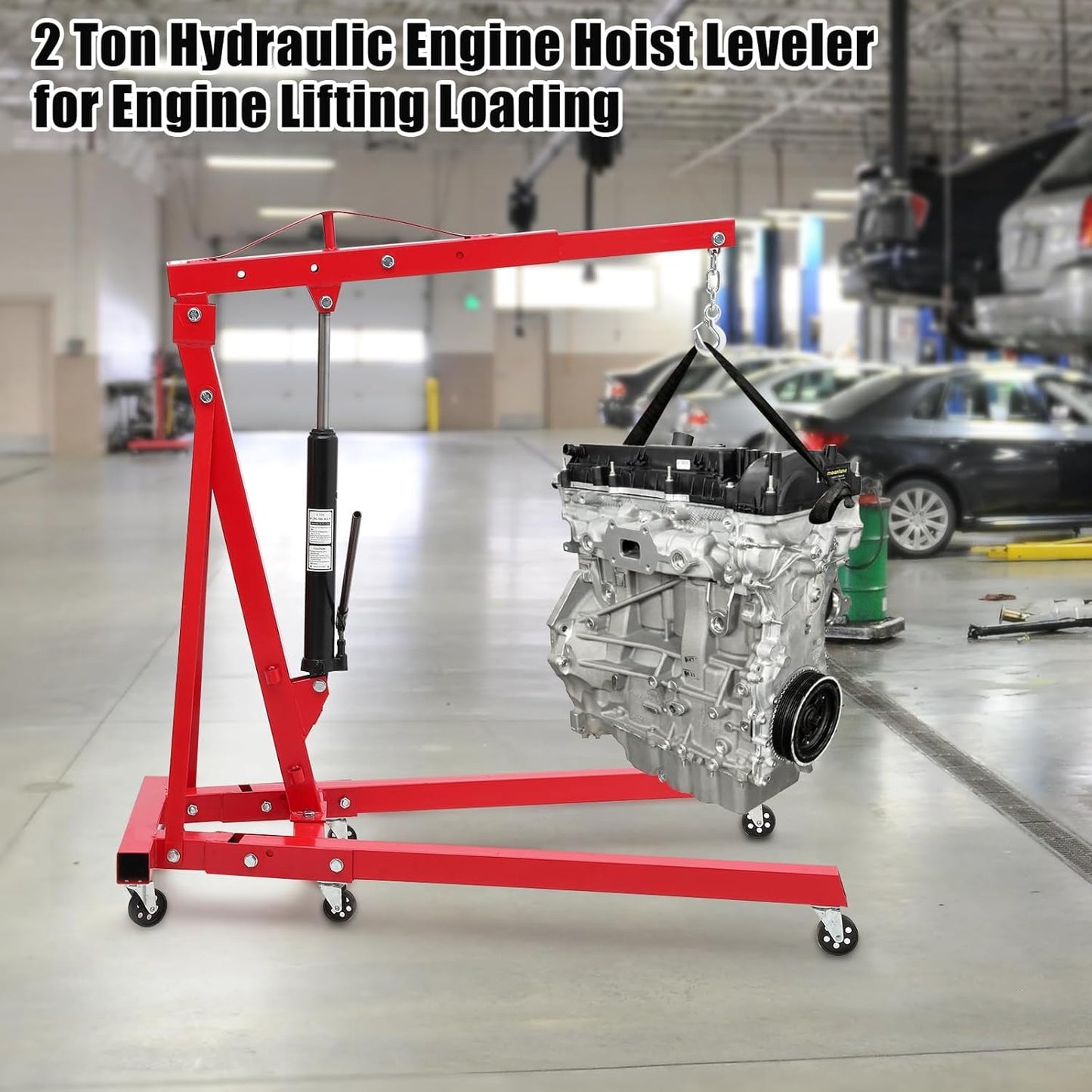 2-Ton Folding Engine Hoist Cherry Picker 4400 Lb Capacity Hydraulic Shop Crane with Telescoping Boom 6 Caster Wheels for Automotive Repair Garage Use Includes Hitch and Storage Stand Red