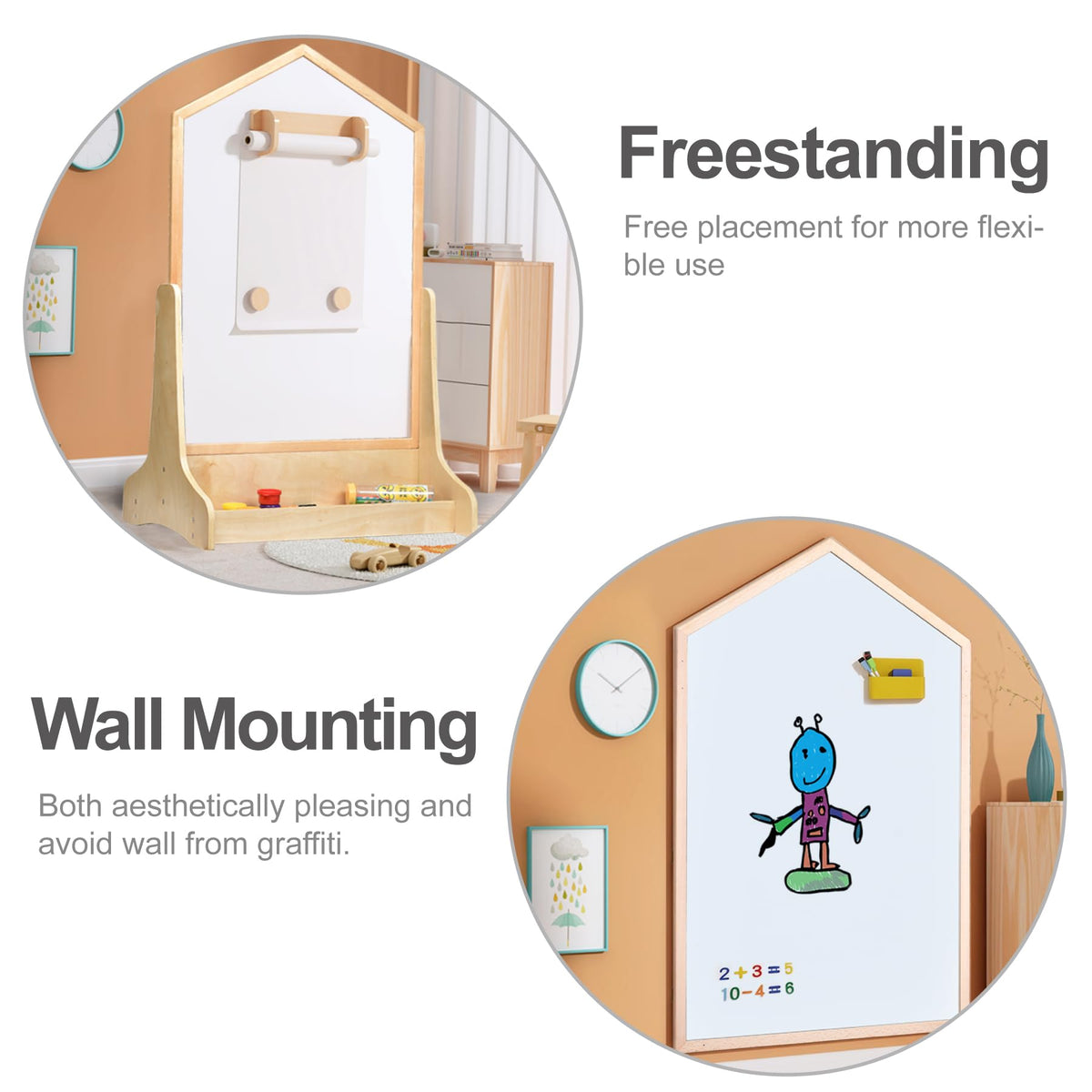 House Design Double-Sided Magnetic Drawing Board w/Detachable Roller and Bi-Storage Frame Holder for Kids, Extra Large Art Easel for Toddlers Boys and Girls Gift (Wall Mountable)