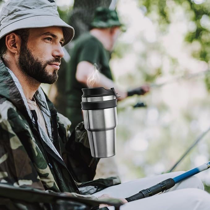 20 oz Insulated Coffee Mug Tumbler with Handle, Stainless Steel Travel Mug Tumbler with Lid and Straw, Double Wall Vacuum Leak Proof Ice Coffee Thermal Cup, Gray