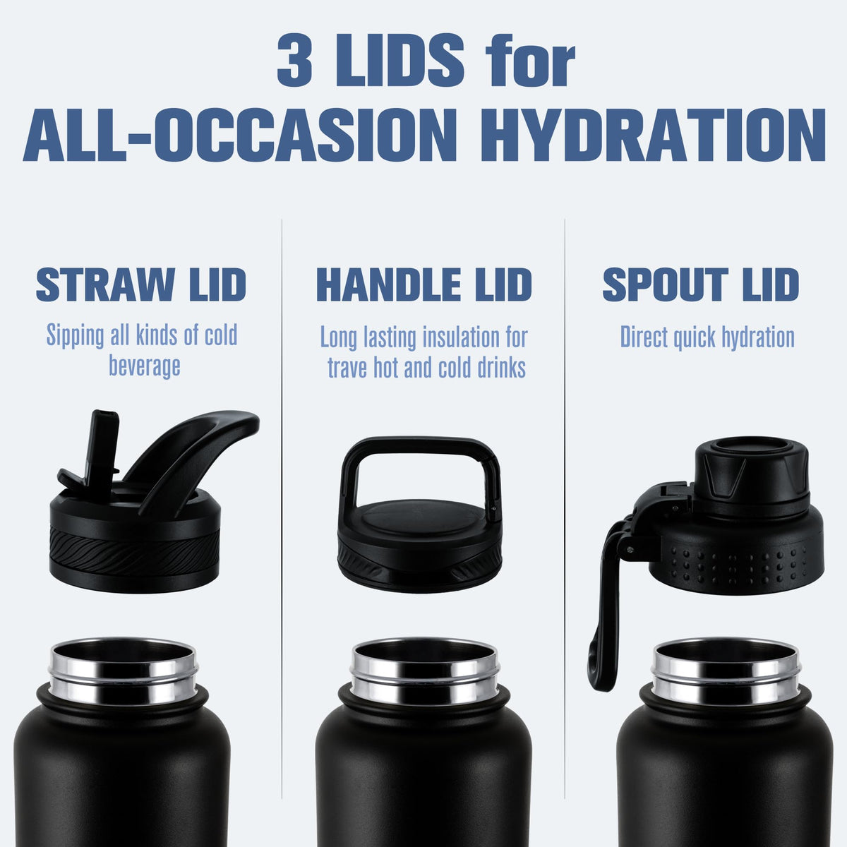 OLDLEY 32 oz Insulated Water Bottle With Straw, Stainless Steel Sports Water Cup Flask with 3 Lids(Straw, Spout and Handle Lid) Double Walled Travel Thermal Canteen Mug,Black
