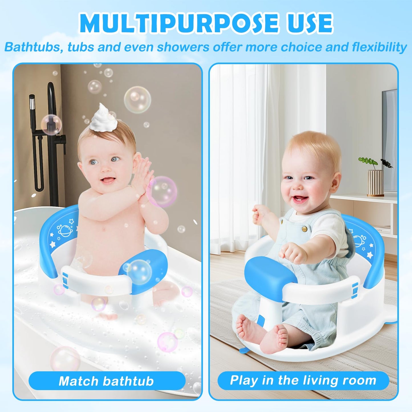 Baby Bath Seat for Babies 6 Months & up,Baby Bath Seat,Non-Slip Toddler Bath Seat, Sit Up Bath Seat for Baby,Safe Infant & Newborn Bathtub Chair with Soft Cushion(Blue)