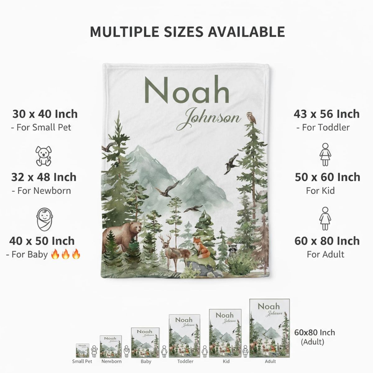Personalized Woodland Baby Blanket with Name, Custom Name Blanket for Boy, Printed in USA, Super Soft Blankets for Newborn, Customized Gifts for Baby Shower Birthday Christmas