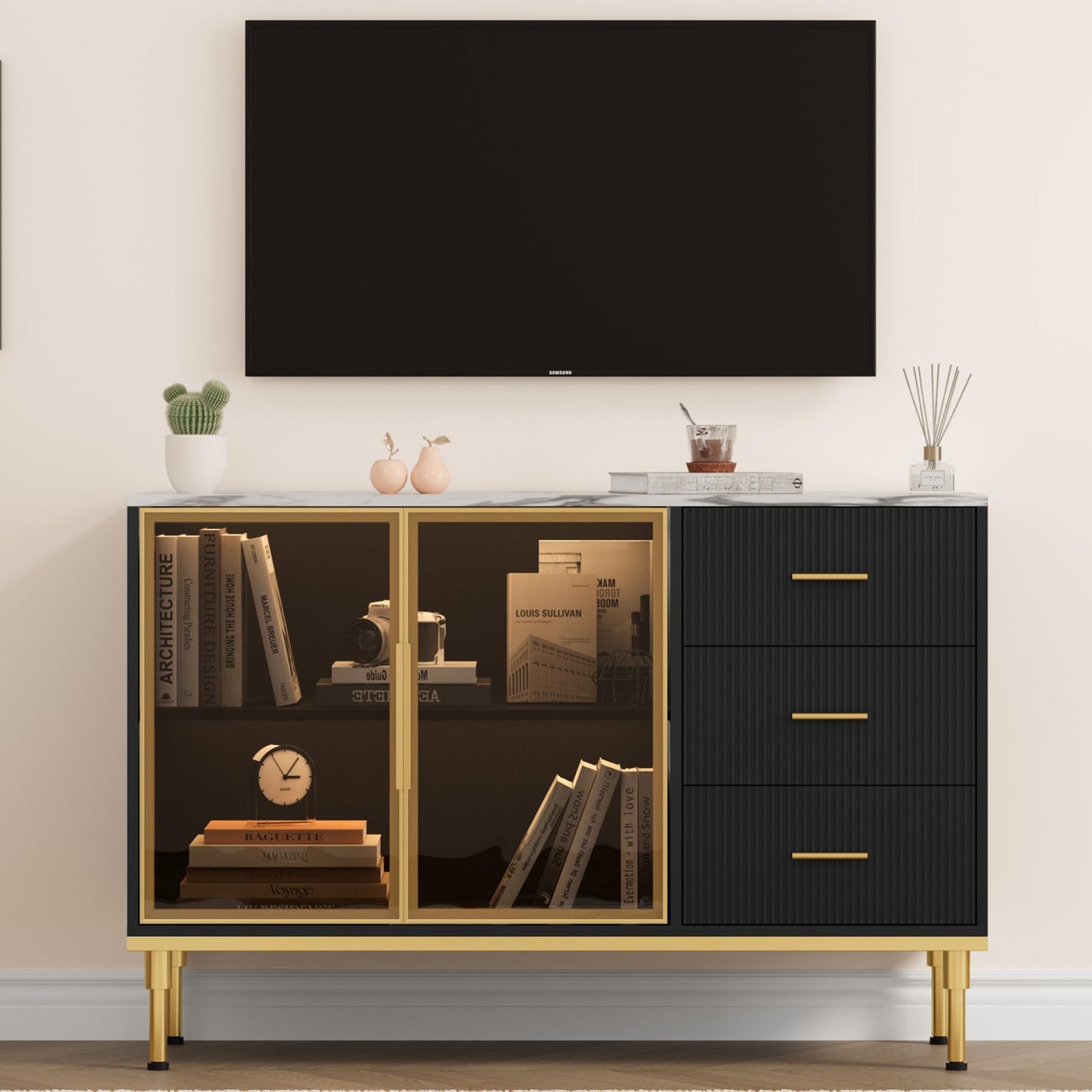 GAOMON Buffet Sideboard Cabinet with Storage, 46.4" Large Fluted Kitchen Sideboard Cabinet with 2 Glass Doors 3 Drawers and Shelves, Faux Marble Top Buffet Table for Dining Room, Living Room, Black