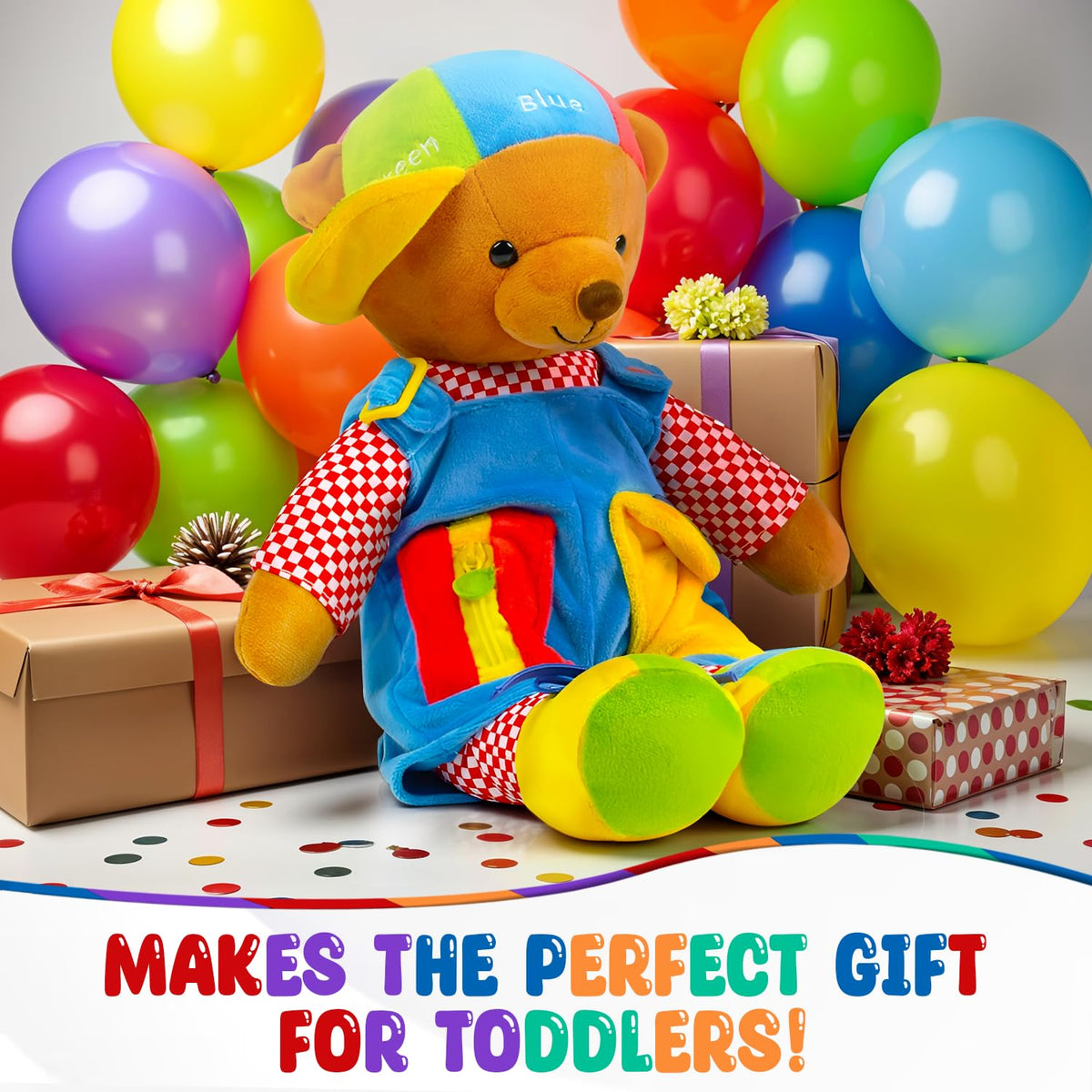 Bundaloo Talking Learning Dress-Up Bear for Toddlers – Educational Plush Toy that Talks & Sings ABCs, Zipper Button Shoelace Buckle Skills, 18” Life-Size Sensory Stuffed Animal for Preschool Kids