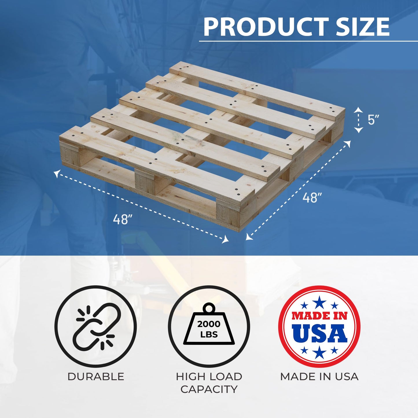 Zayton, Heavy-Duty 4-Way Entry Wooden Pallet – 48x48x5”, Industrial-Grade Hardwood Shipping Pallet, Durable, Reusable, Stackable, Easy to Handle, Commercial Use as a Floor-Pallet