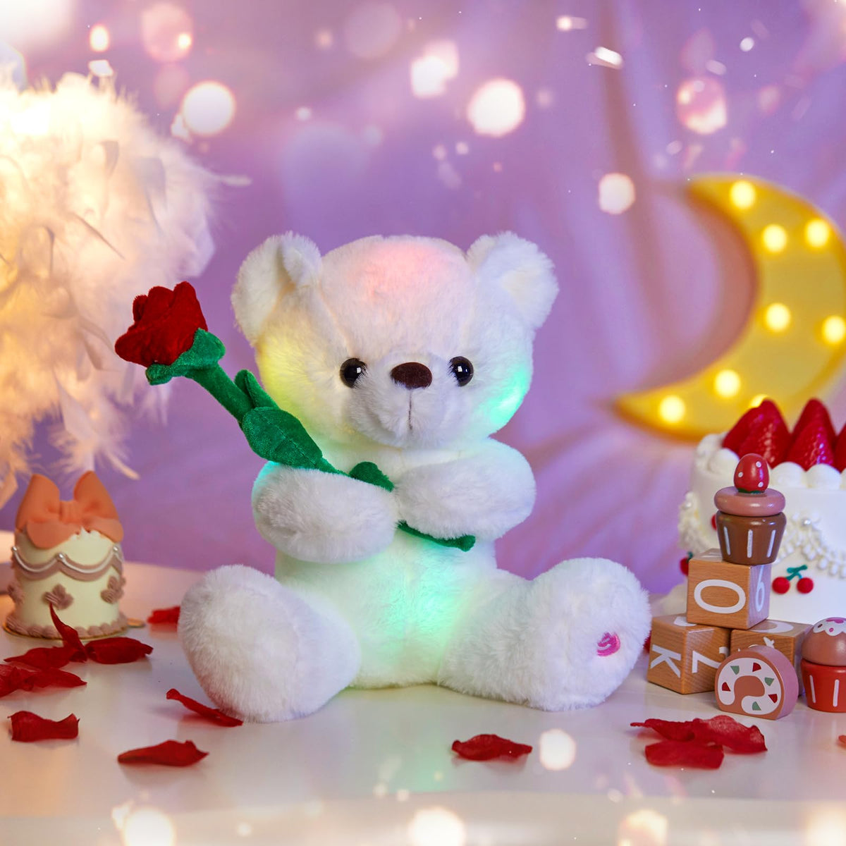Houwsbaby Glow Teddy Bear with Rose White Bear Stuffed Animal Soft Light Up Plush Toy LED Night Lights Birthday Christmas for Kids Toddler Girlfriend,White,10.5''
