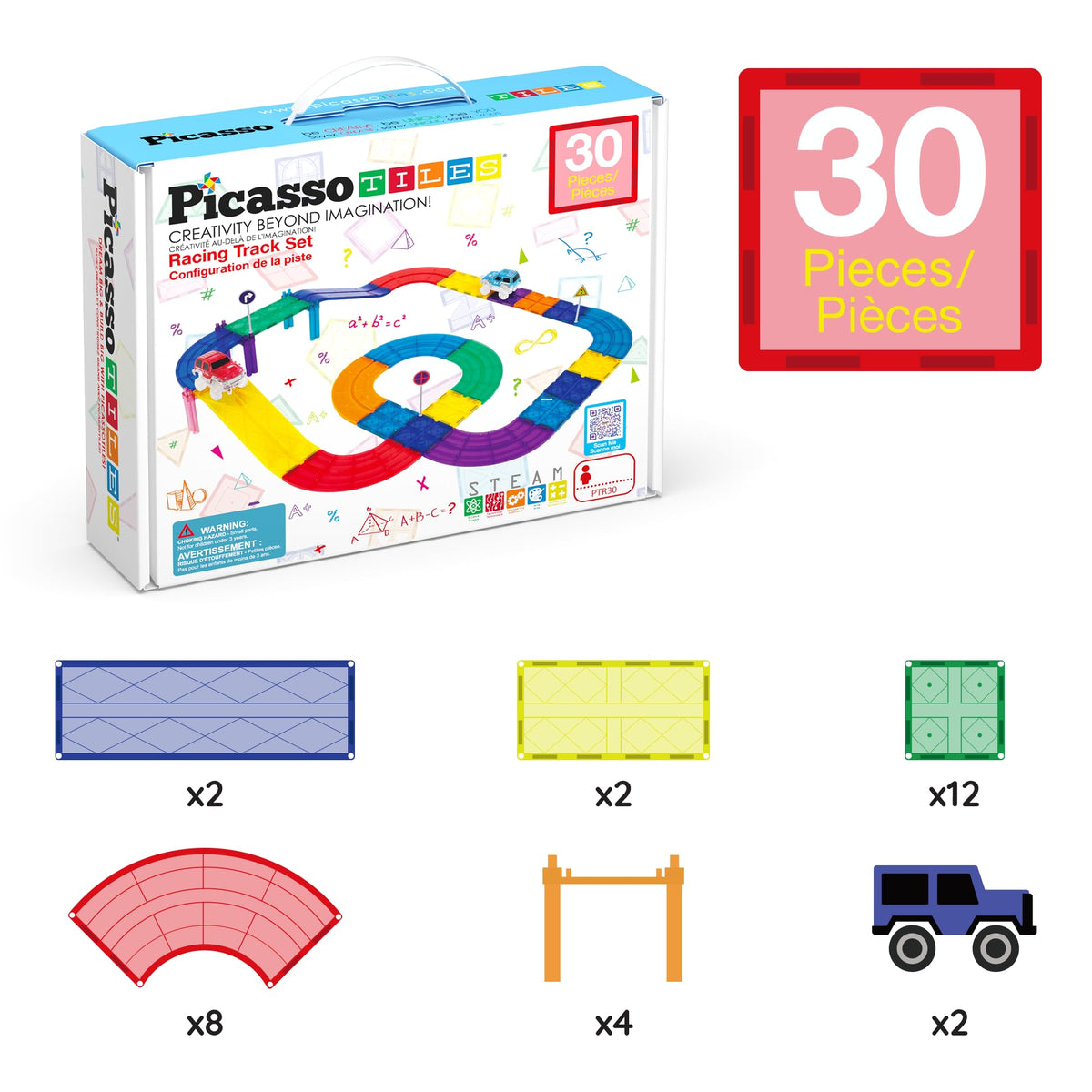 PicassoTiles Magnetic Tiles Race Track Car Thrilling Toy Playset Includes 2 Racing Trucks STEM Educational Magnet Tile Building Block Construction Set for Toddlers Boys Girls Ages 3 and Older PTR30