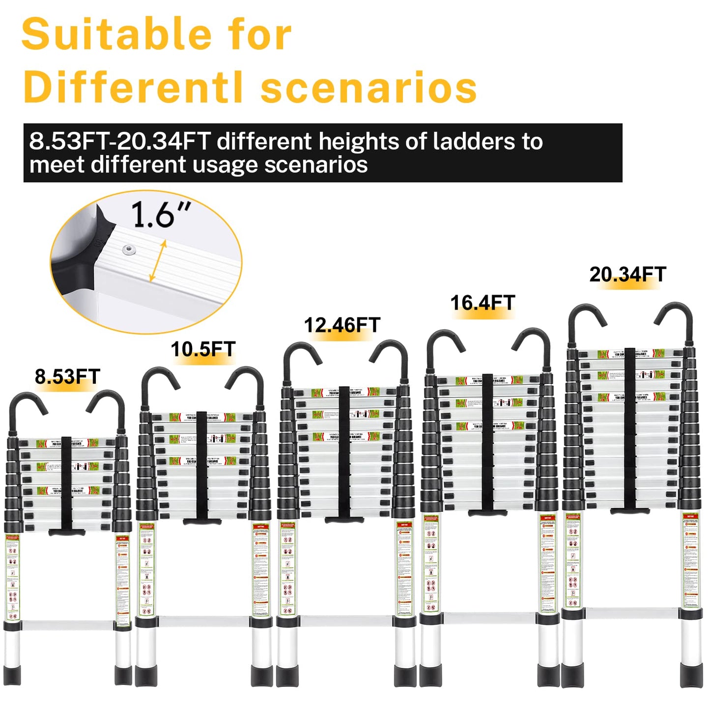 RIKADE Telescopic Ladder, 10.5 ft Aluminum Telescoping Ladder with Non-Slip Feet and Stable Hook, Portable Extension Ladder for Household and Outdoor Working, Max Load 330 lb, Aluminum