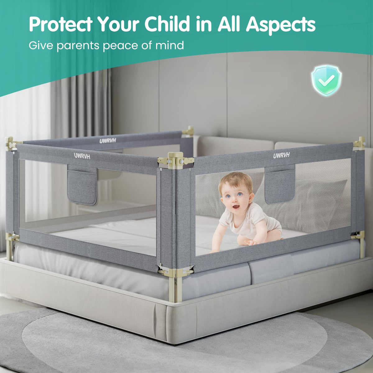 UWRVH Bed Rails for Toddlers,Toddler Bed Rails,Bed Rail for Baby - Adjustable Height Bed Guard with Child Safety Lock, Universal Fit for King/Full/Twin Beds (Grey, 1 Side 74.8Inch)