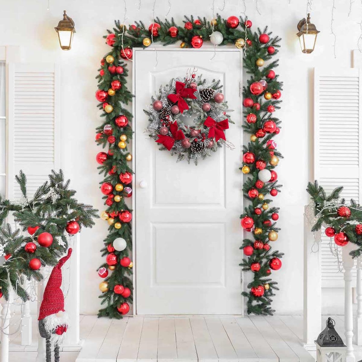 24" Prelit Christmas Wreath with Lights, Battery Operated Xmas Garland with Decorations, Wreath for Front Door Porch Wall Window Fireplace Outdoor Home Holiday Accent