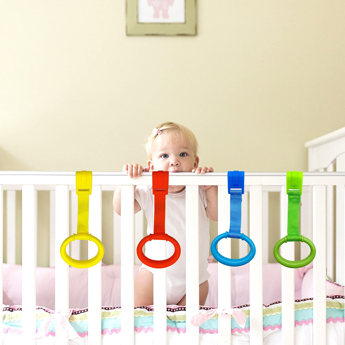 codree 8PCS 4 Colors Baby Playpen Pull up Rings- Baby Crib Pull up Rings- Baby Walking Exercises Assistant Rings- Baby Bed Stand Up Rings Baby Cot Hanging Rings for Infant Baby Toddler