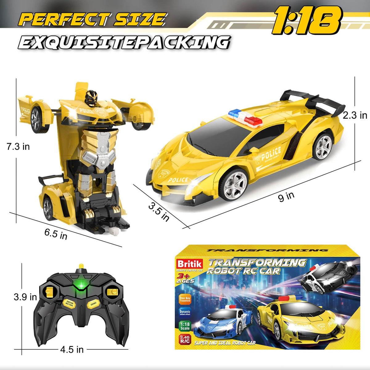 Britik Transform Remote Control Car - Rc Cars, One-Button Transforming, 360° Rotation Drifting, 2.4ghz 1:18 Scale, Gift Kids Aged 4-6 Year Old Boys/Girls, Police Car Yellow