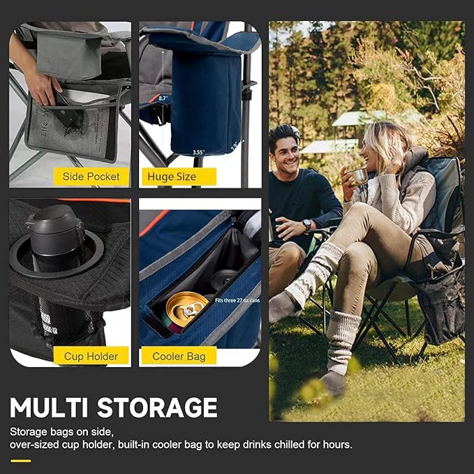 FAIR WIND Oversized Fully Padded Camping Chair with Lumbar Support, Heavy Duty Quad Fold Arm Chair with Cooler Bag - Support 450 LBS,Blue