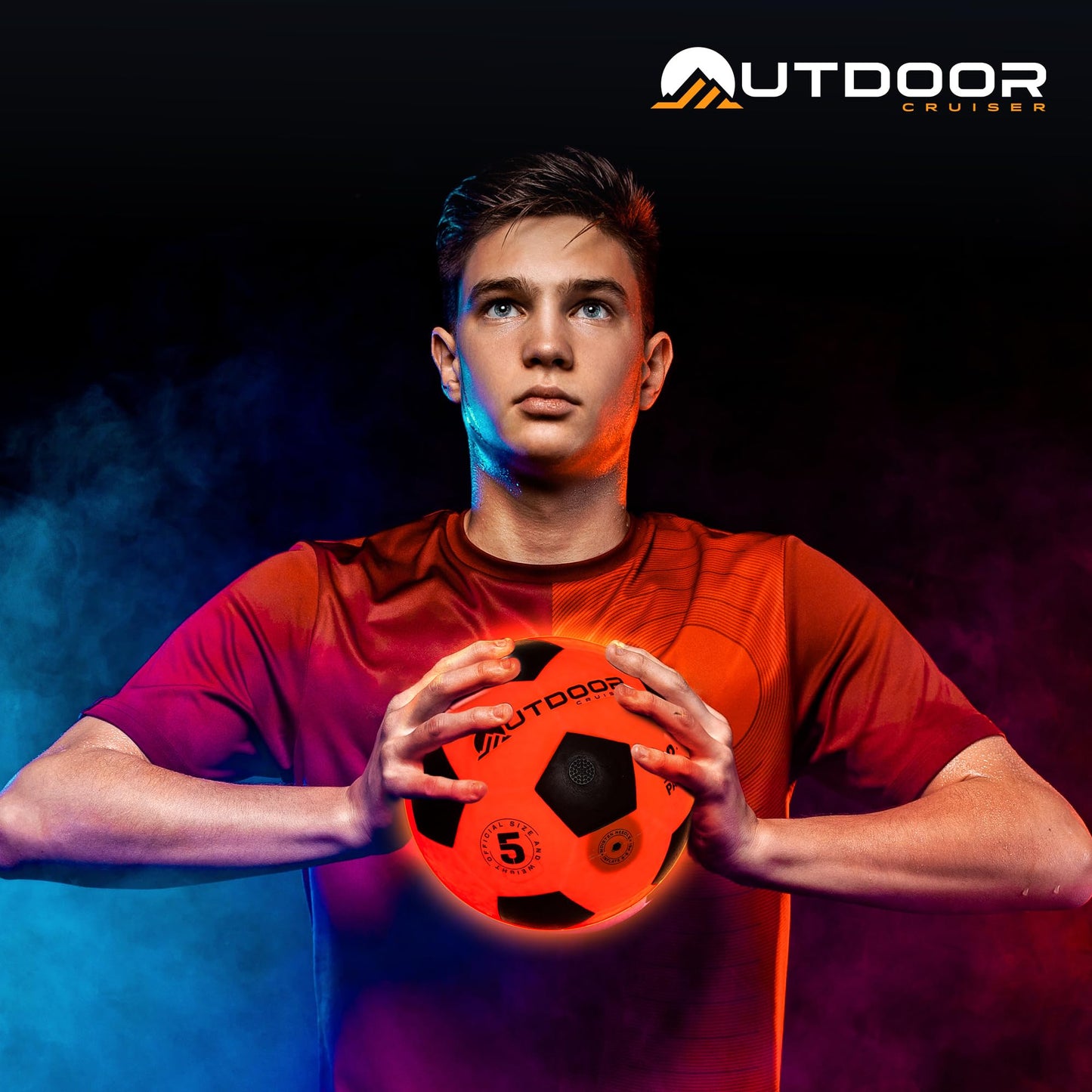 Outdoor Cruiser Light Up Soccer Ball - Waterproof Rubber Construction, Glow in the Dark, Glows Up to 30 Hours with Tap Activation, Complete Set with Pump & Spare Batteries, Official Size 5, Ages 8-15