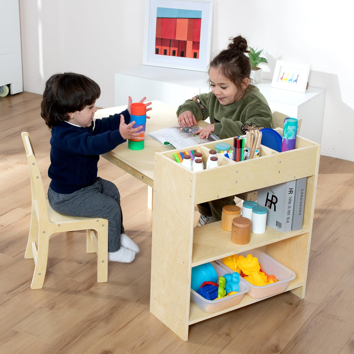 bbgroundgrm Kids Art Table and Chair Set, Birch Wooden Activity Craft Table, Kids Drawing Table, Toddler Desk with Storage and 1 Chair