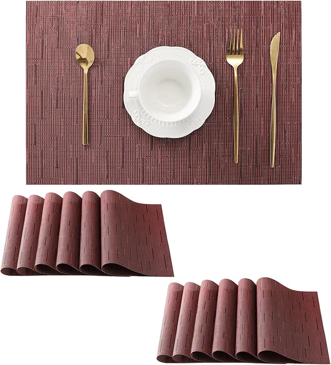 Leetaltree Burgundy Placemats Set of 12 - Heat Resistant Non-Slip Place mats for Dining Table, Washable Durable PVC Vinyl Woven Table Matsï¼Burgundy, 12ï¼