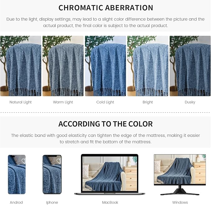BOURINA Chenille Fluffy Throw Blanket with Decorative Fringe for Couch Cover Sofa Chair Blanket(50×60 Inches) Navy