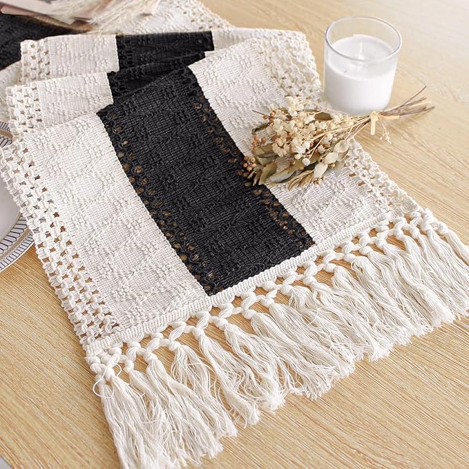 FEXIA Boho Table Runner for Summer Home Decor with Tassels 108 Inches Long Farmhouse Rustic Black Gothic Table Runner Macrame Gothic Burlap Table Decoration for Kitchen Living Room (12x108 Inches)