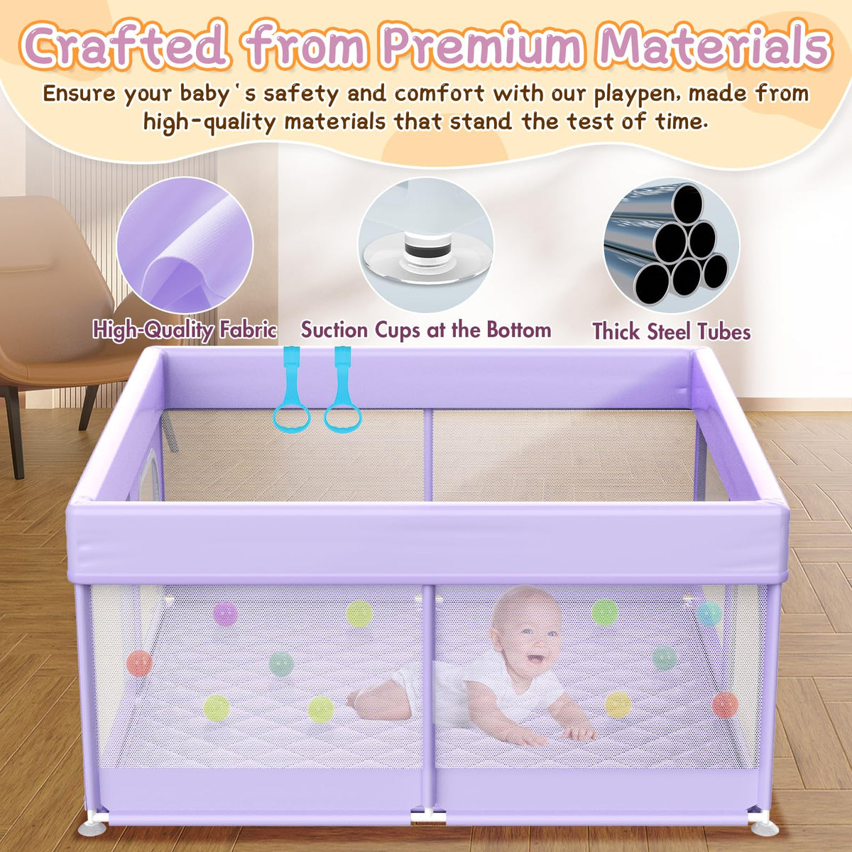 Baby Playpen with Mat 64"x64" - Playpen for Babies and Toddlers with Mat for Apartment - Play Yard with mat Included - Soft Breathable Mesh - All-Wrapped Sponge Play Pen with Handle & Bag (Purple)