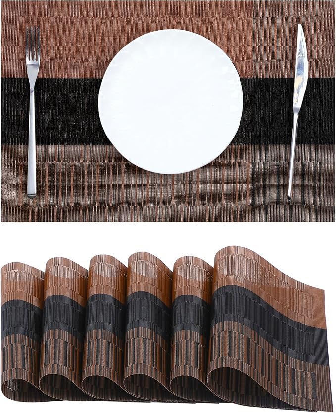 Leetaltree Brown with Black Striped Placemats Set of 6 - Heat Resistant Non-Slip Place mats for Dining Table, Washable Durable PVC Vinyl Woven Table Matsï¼Brown Stripe, 6ï¼