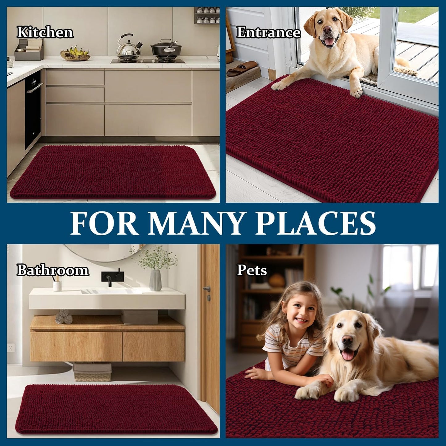 OLANLY Dog Door Mat - Absorbent Non-Slip Chenille Mud Mat for Muddy Paws | 50x30, Burgundy