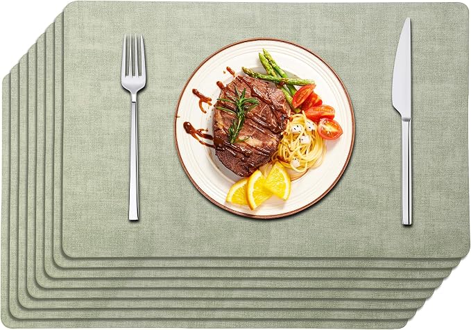 Maxpearl Faux Leather Placemats Set of 8 â Waterproof, Wipe Clean, Heat Resistant, Non-Slip Dining Table Mats for Indoor & Outdoor Use, 17âÃ12â, Sage Green