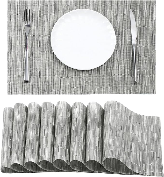 Leetaltree Silver Placemats Set of 8 - Heat Resistant Non-Slip Place mats for Dining Table, Washable Durable PVC Vinyl Woven Table Matsï¼Silver, 8ï¼