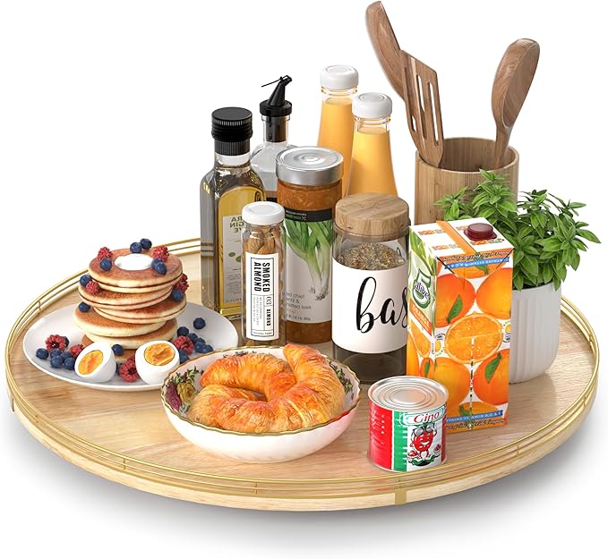 21-Inch Wooden Lazy Susan Turntable â Premium Oak & Iron, Extra Large Rotating Serving Tray for Dining Table, Kitchen Countertop, Farmhouse Décor, Spice Rack, Charcuterie & Entertaining